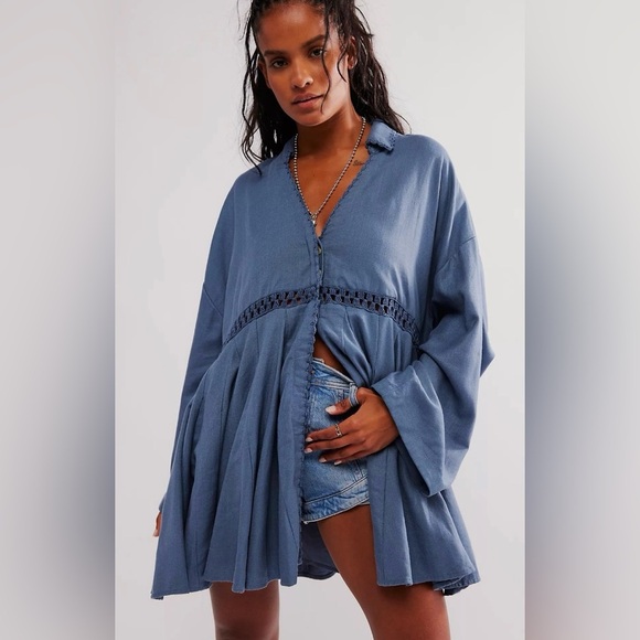 NWT Free People Hazy Baby Mini Dress S Slate Blue Mirage Linen Lined Crochet - Picture 1 of 10